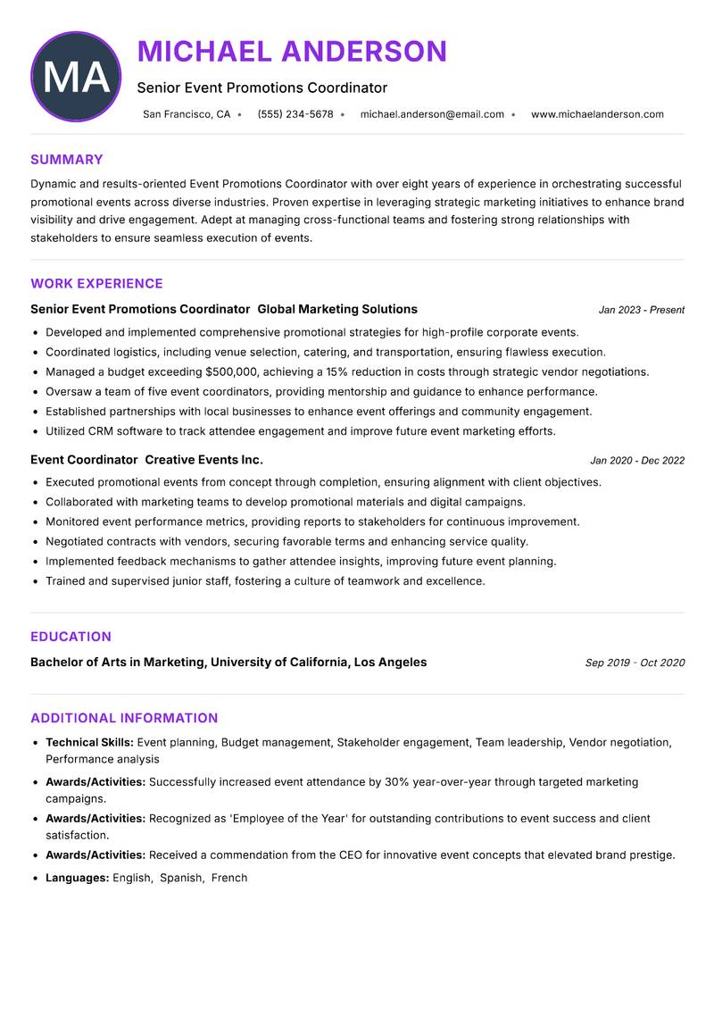Event Promotions Coordinator resume example — ATS-friendly template