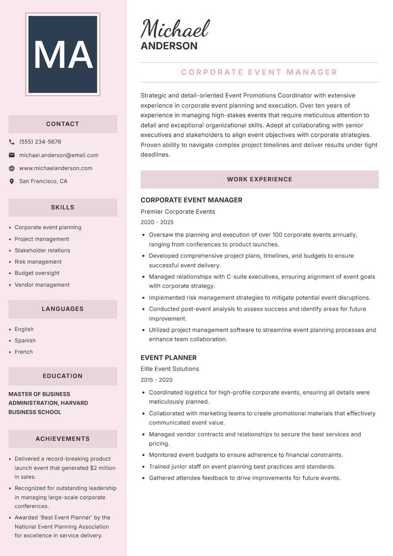 Event Promotions Coordinator resume template — Executive