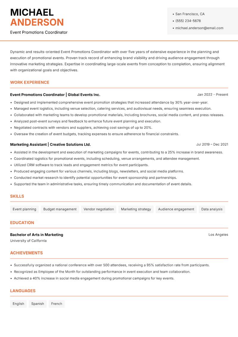 Event Promotions Coordinator resume template — Modern Professional