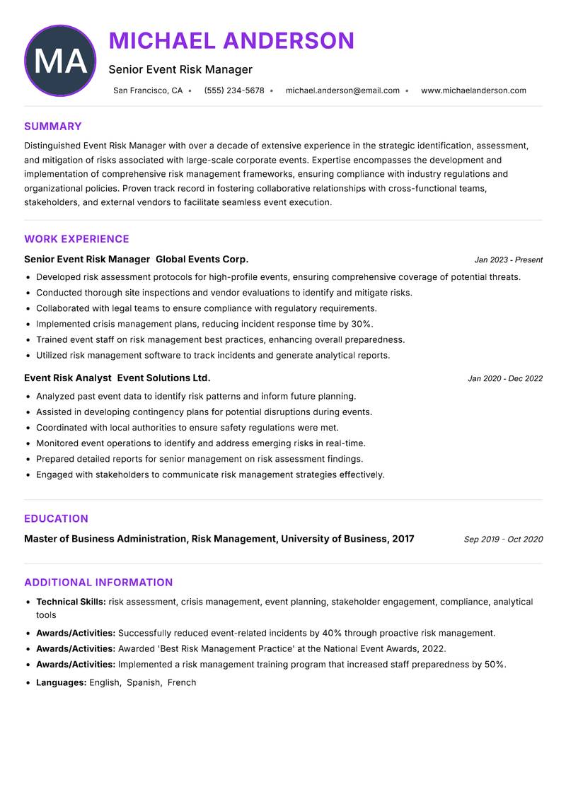 Event Risk Manager resume example — ATS-friendly template