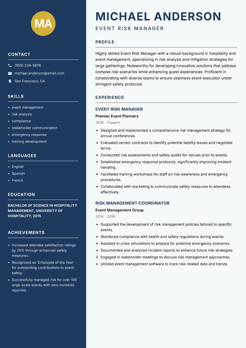 Event Risk Manager resume template — Classic Clean