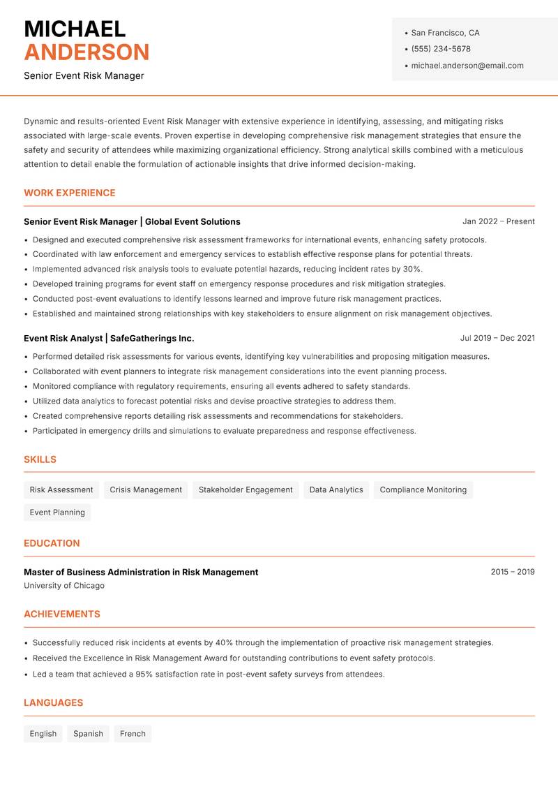 Event Risk Manager resume template — Modern Professional