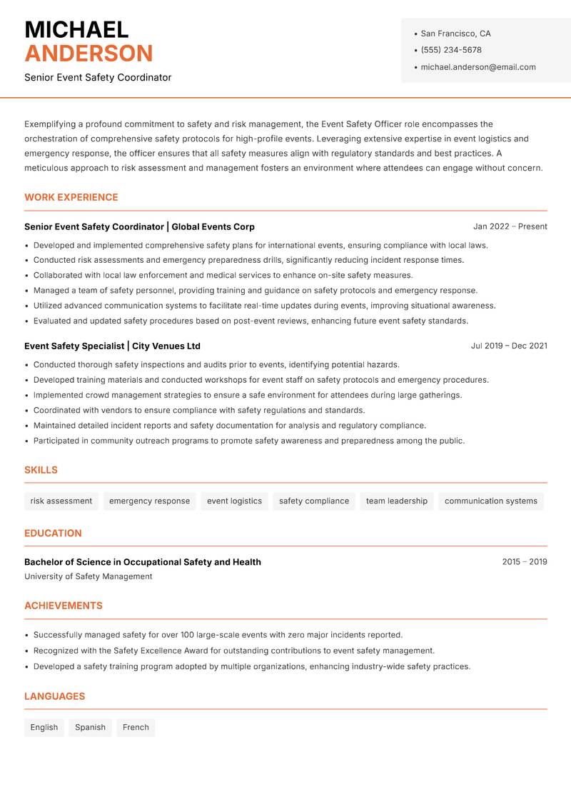 Event Safety Officer resume template — Modern Professional