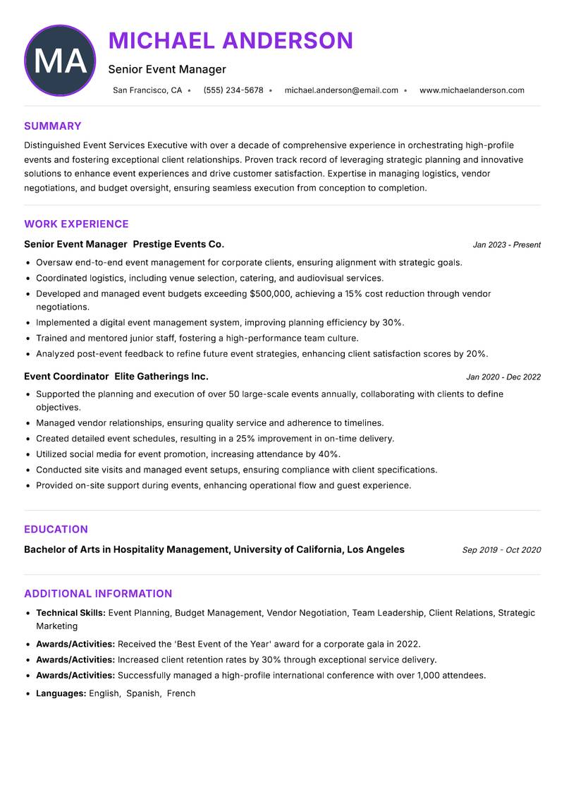 Event Services Executive resume example — ATS-friendly template