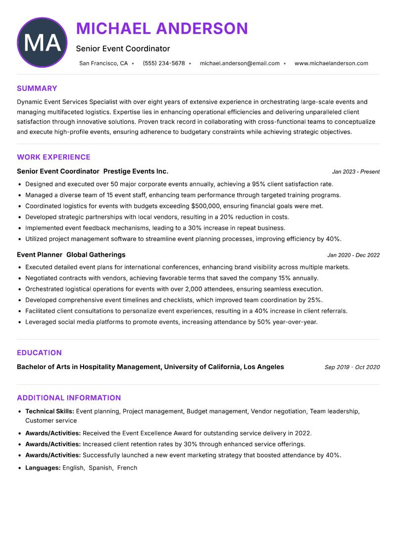 Event Services Specialist resume example — ATS-friendly template