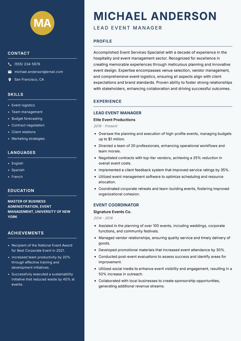 Event Services Specialist resume template — Classic Clean