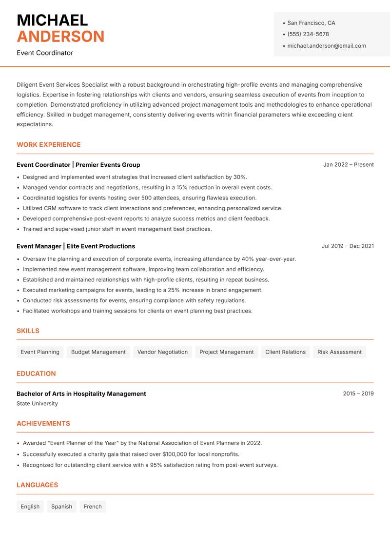 Event Services Specialist resume template — Modern Professional