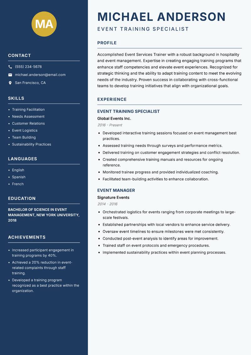 Event Services Trainer resume template — Classic Clean