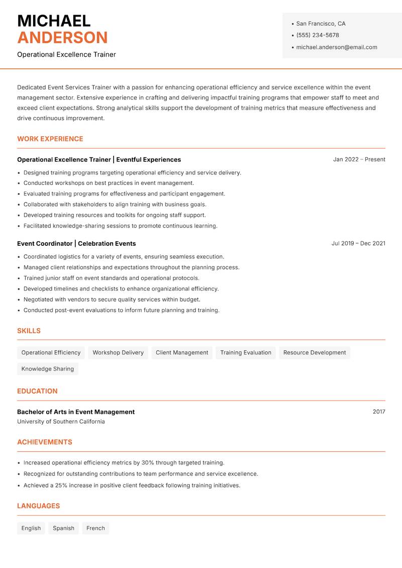 Event Services Trainer resume template — Modern Professional