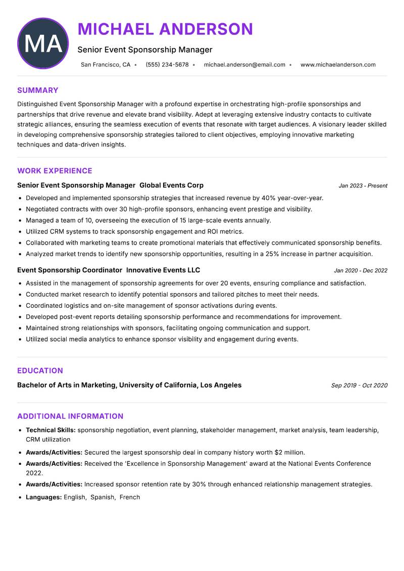 Event Sponsorship Manager resume example — ATS-friendly template