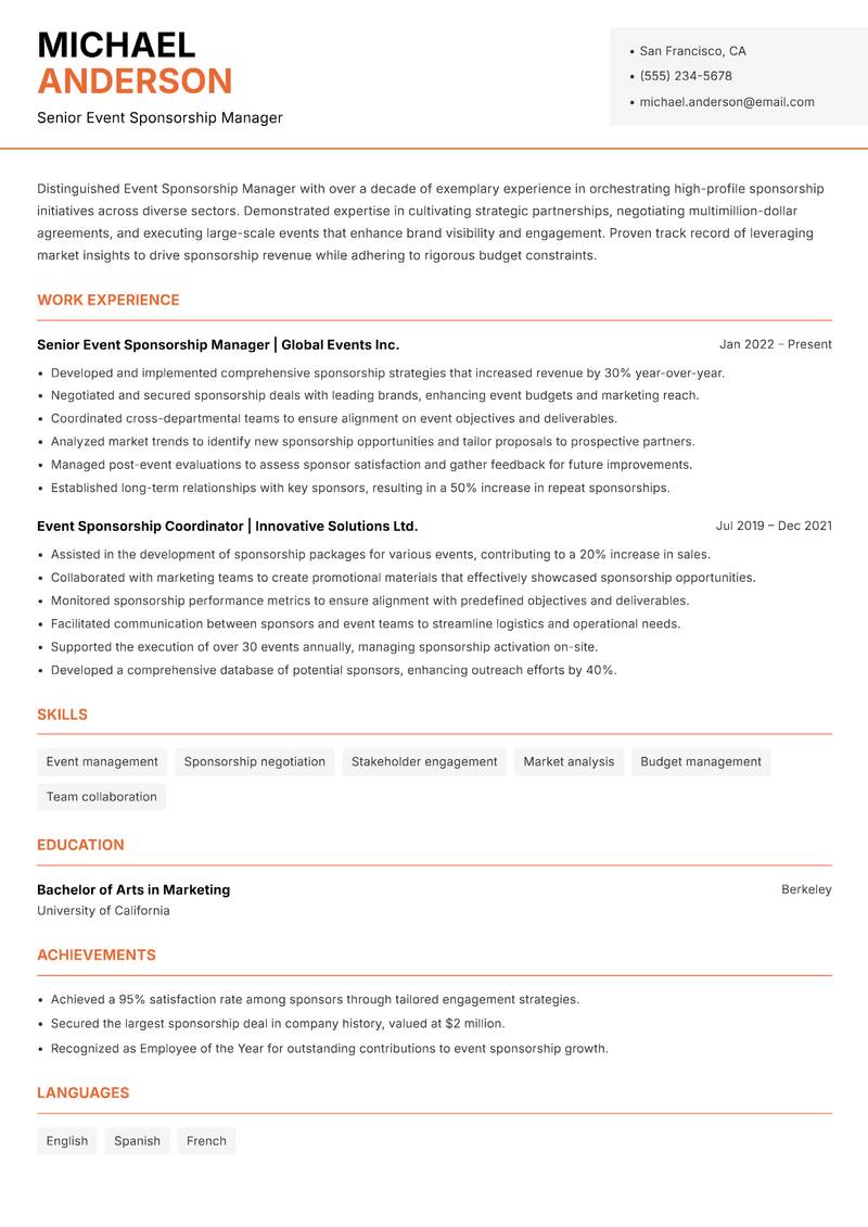 Event Sponsorship Manager resume template — Modern Professional