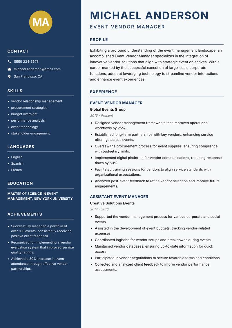 Event Vendor Manager resume template — Classic Clean
