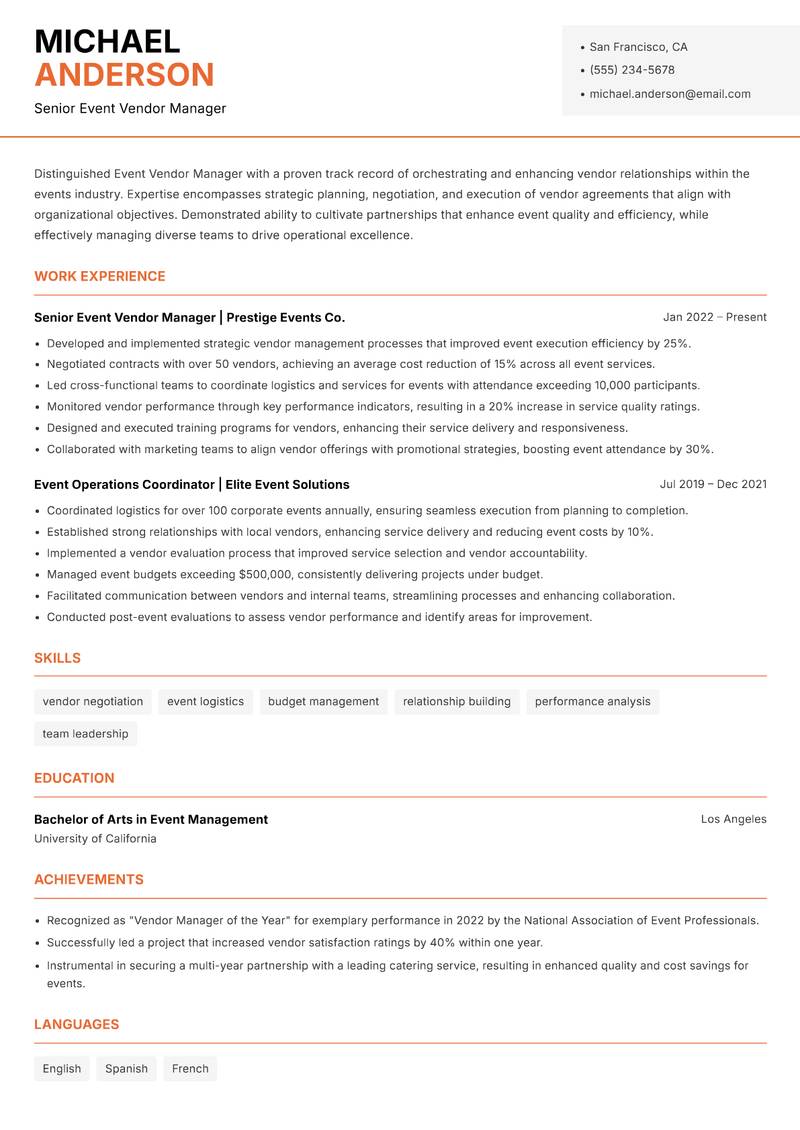 Event Vendor Manager resume template — Modern Professional
