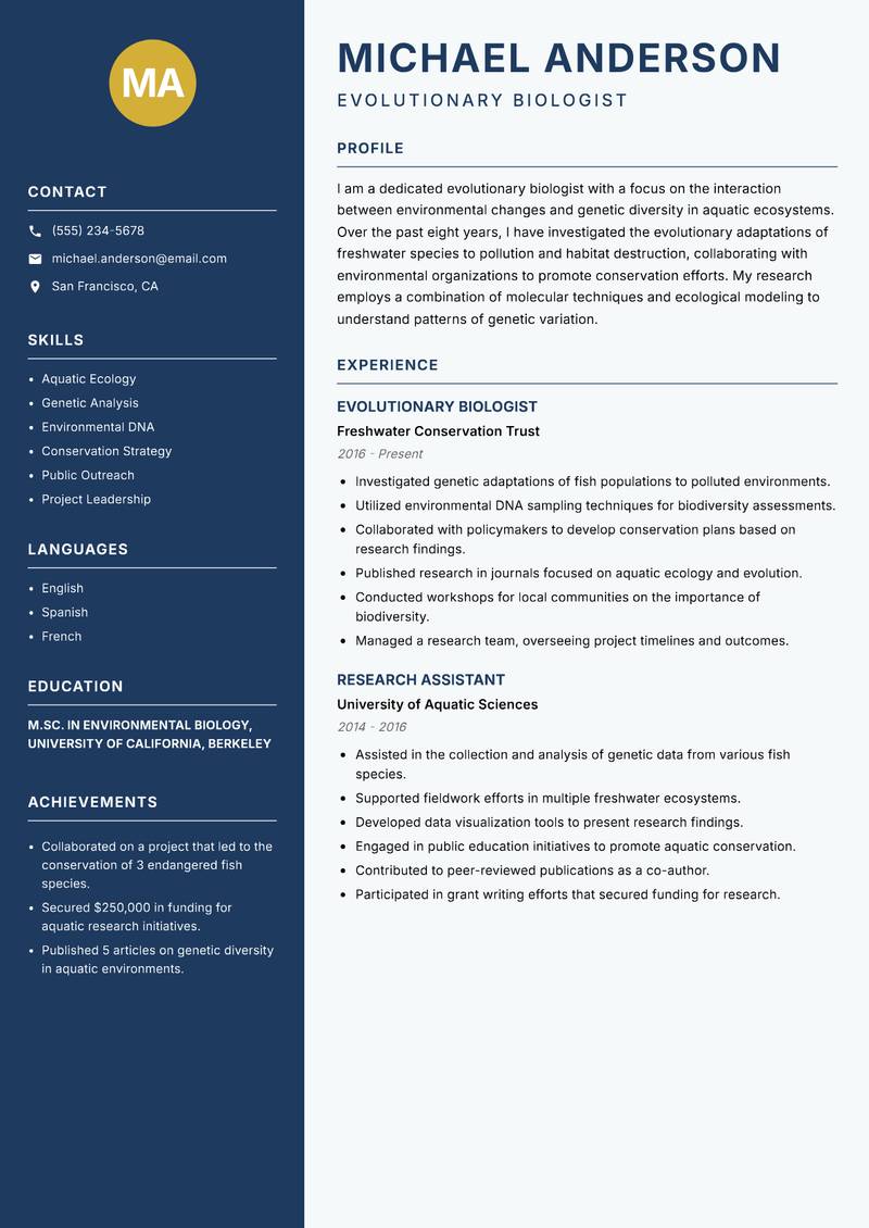 Evolutionary Biologist resume template — Classic Clean