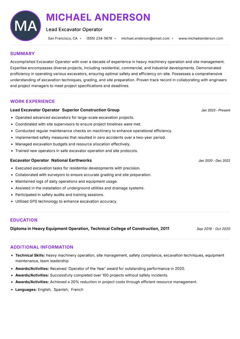 Excavator Operator resume example — ATS-friendly template