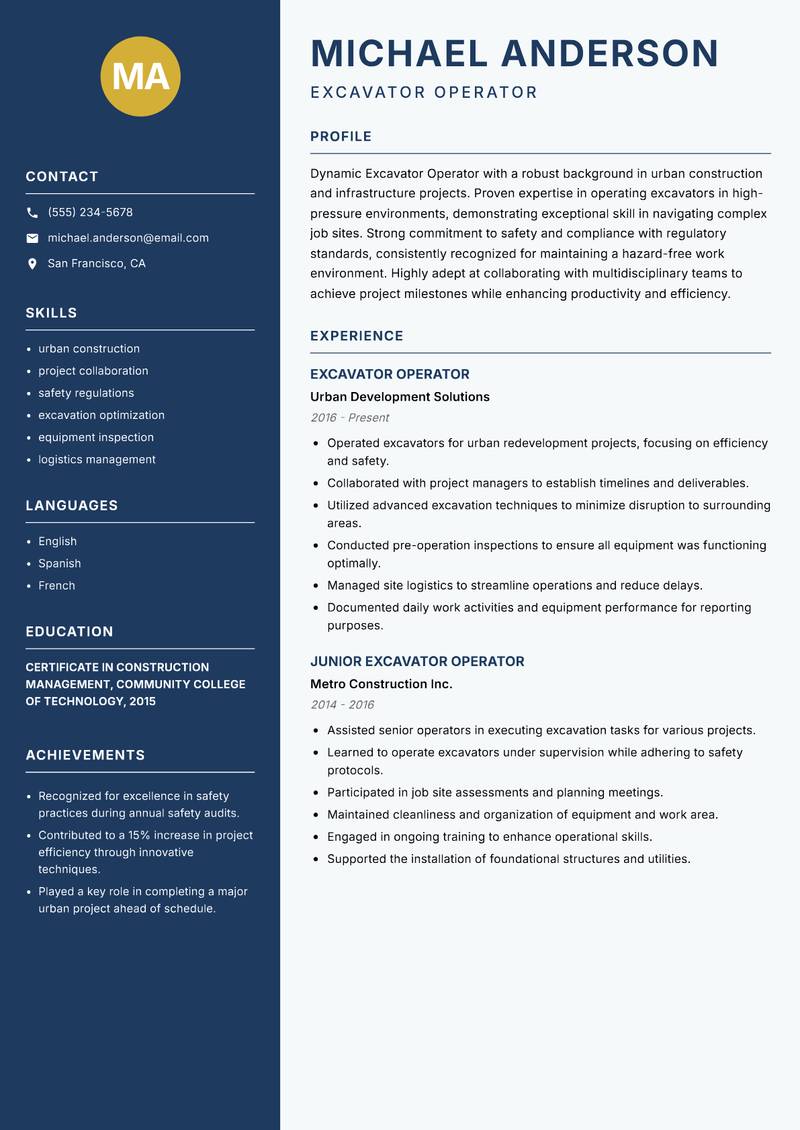 Excavator Operator resume template — Classic Clean