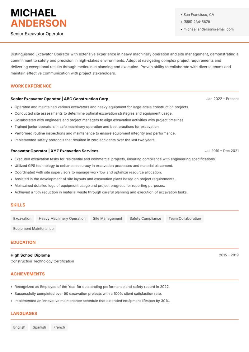 Excavator Operator resume template — Modern Professional