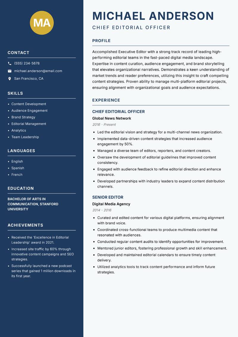 Executive Editor resume template — Classic Clean