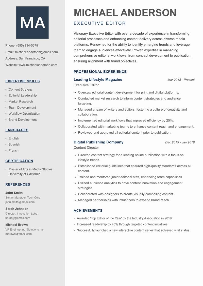 Executive Editor resume template — Creative Minimal