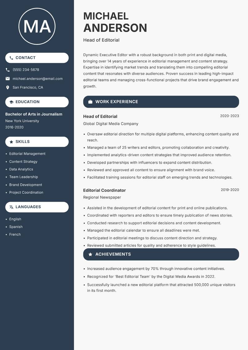 Executive Editor resume template — Compact