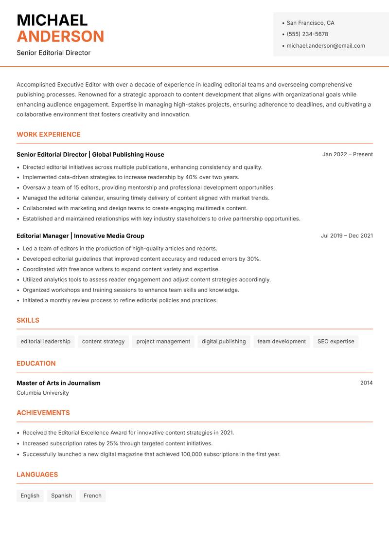 Executive Editor resume template — Modern Professional
