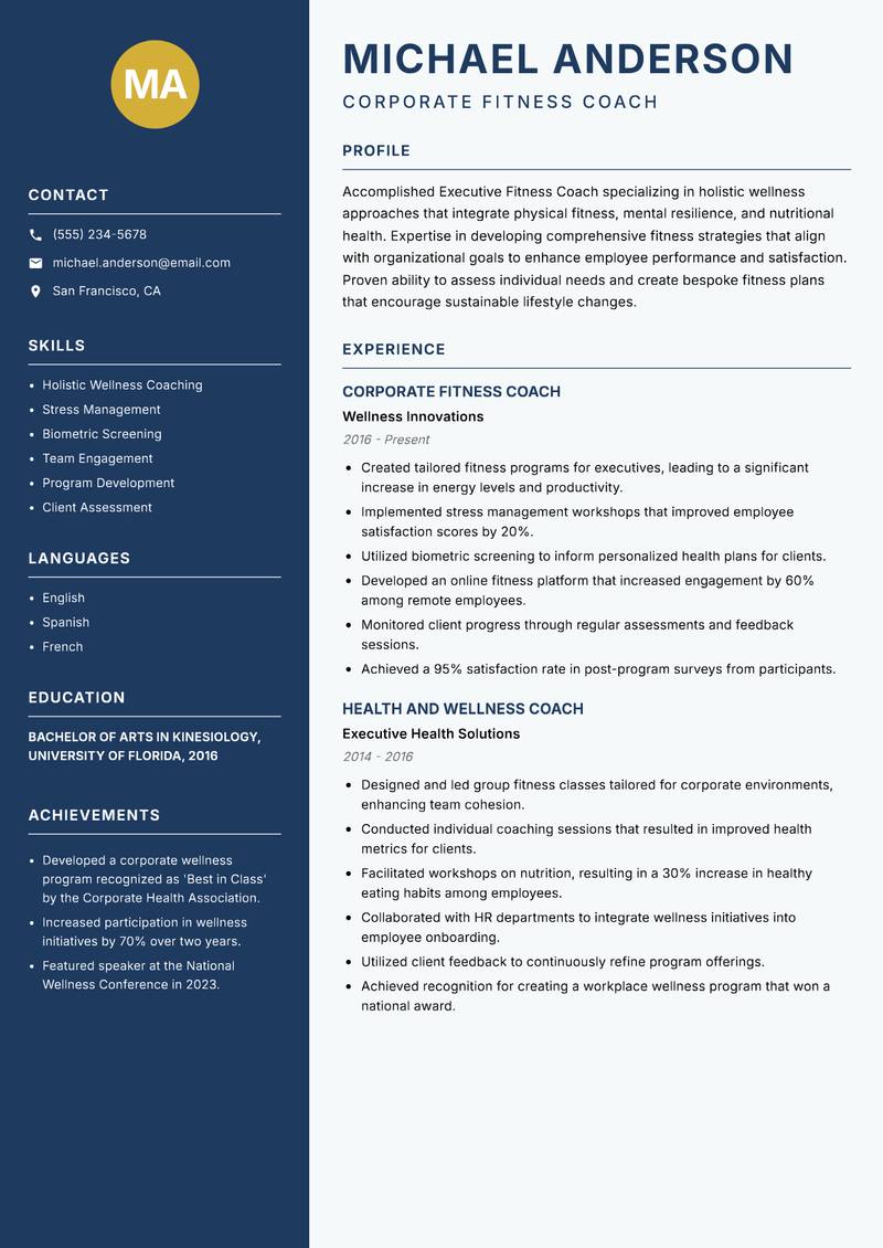 Executive Fitness Coach resume template — Classic Clean