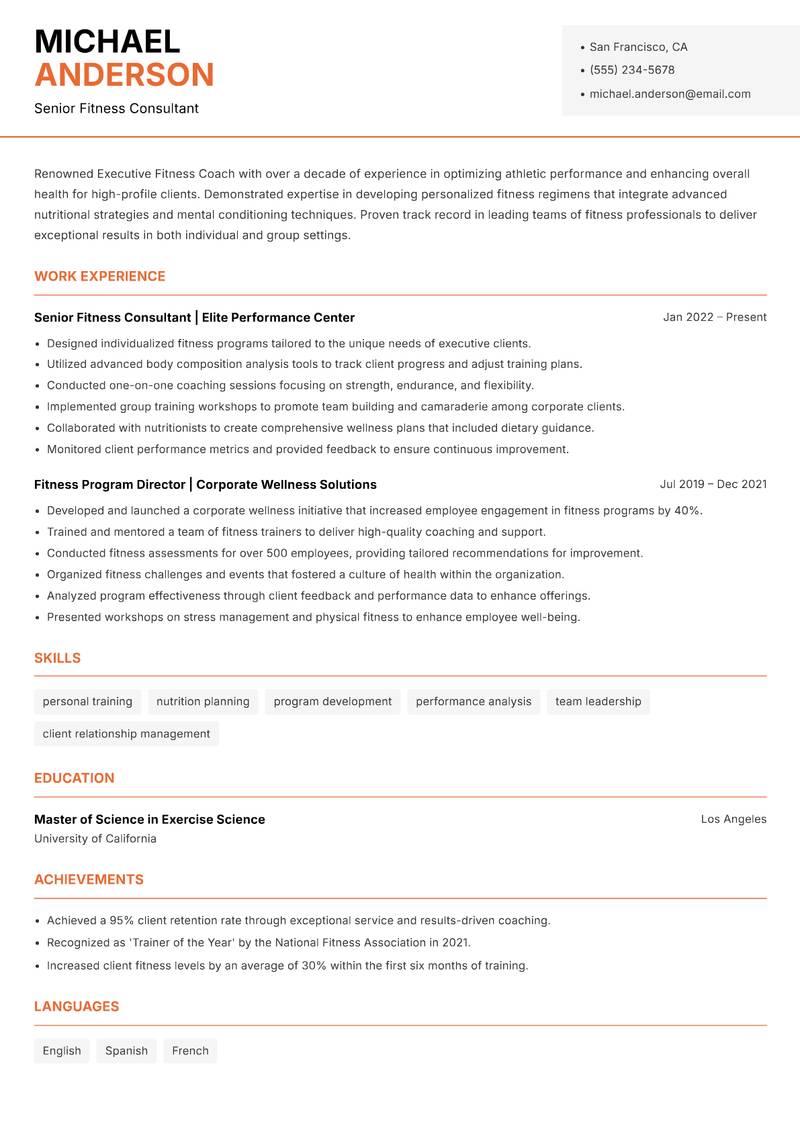 Executive Fitness Coach resume template — Modern Professional