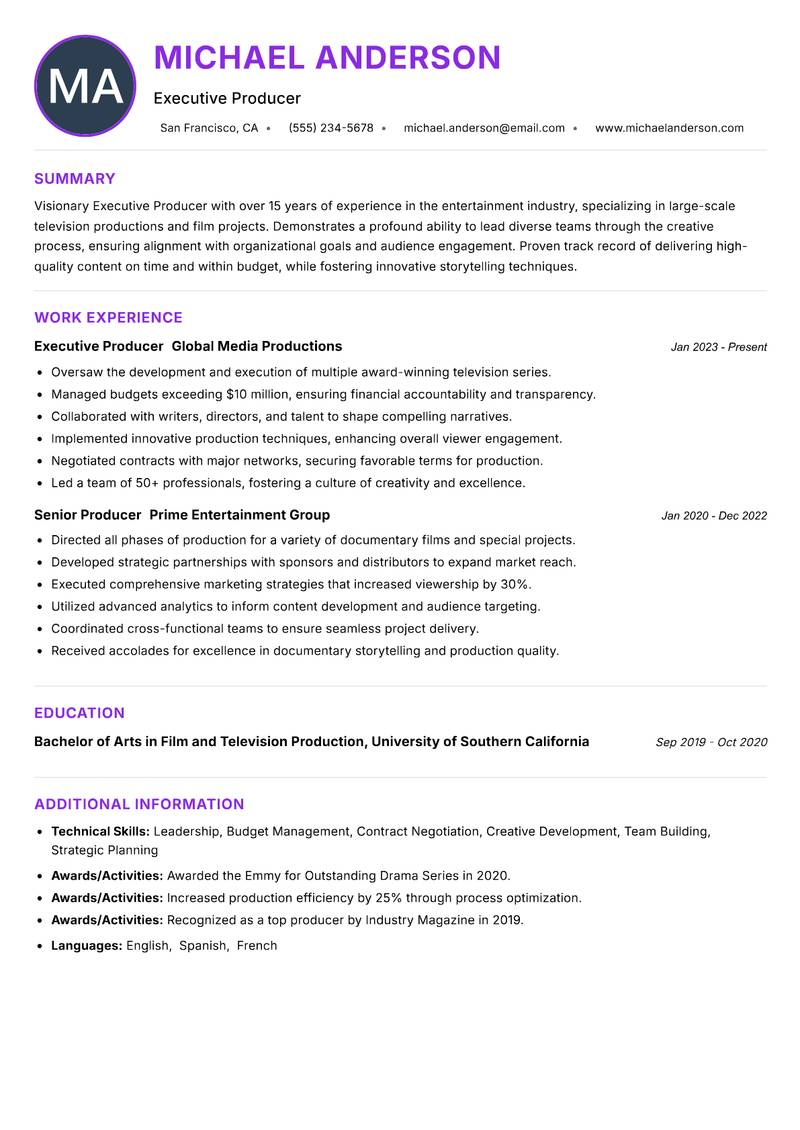 Executive Producer resume example — ATS-friendly template