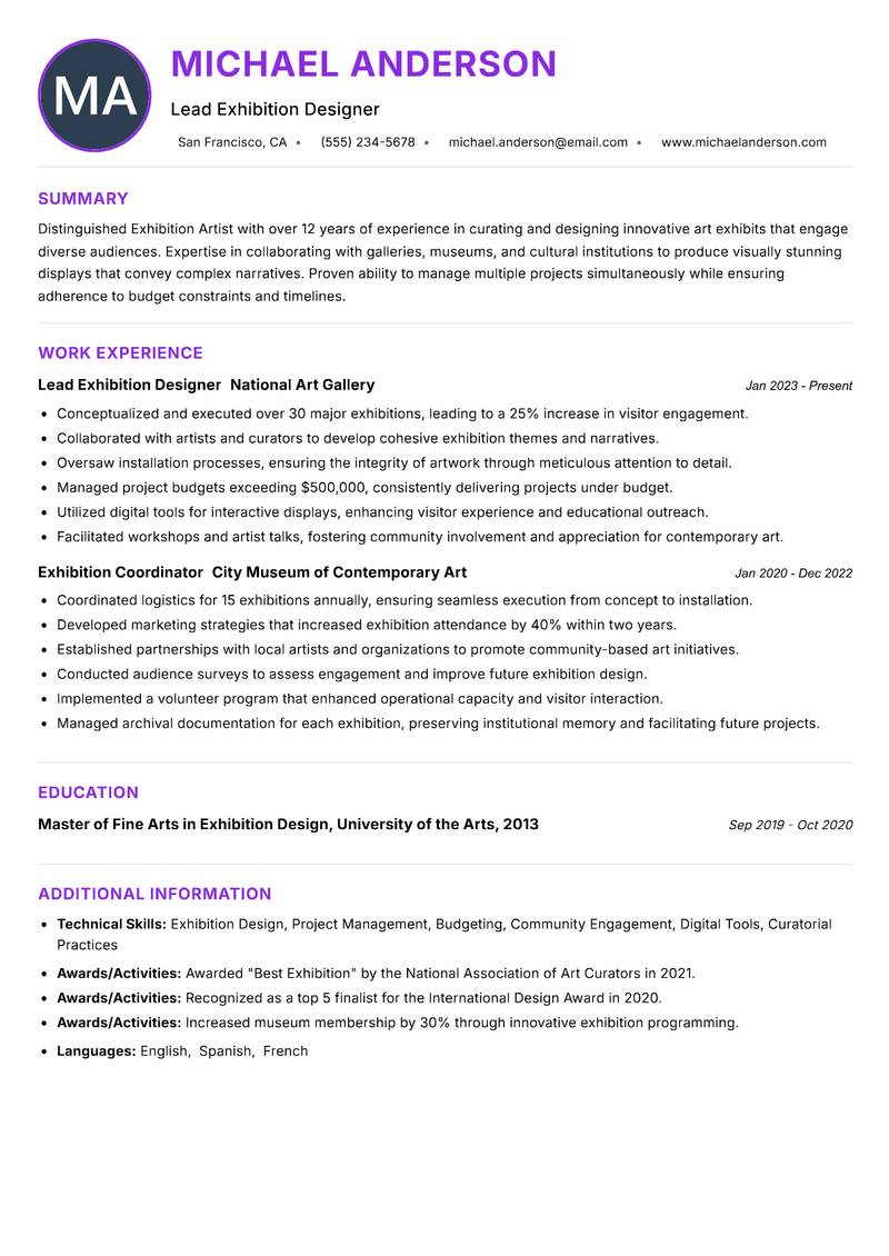 Exhibition Artist resume example — ATS-friendly template