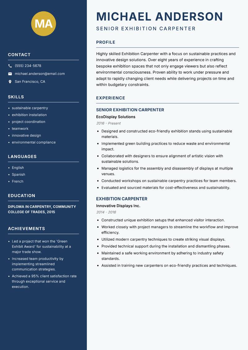 Exhibition Carpenter resume template — Classic Clean