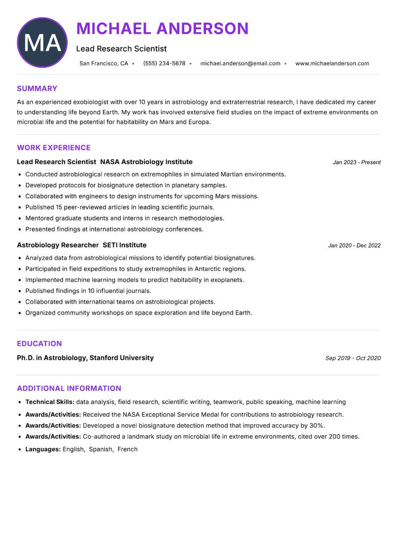 Exobiologist resume example — ATS-friendly template