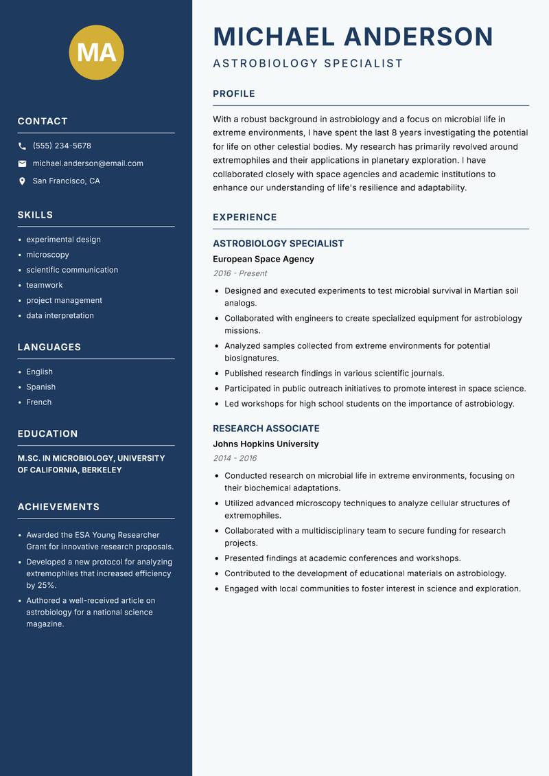 Exobiologist resume template — Classic Clean