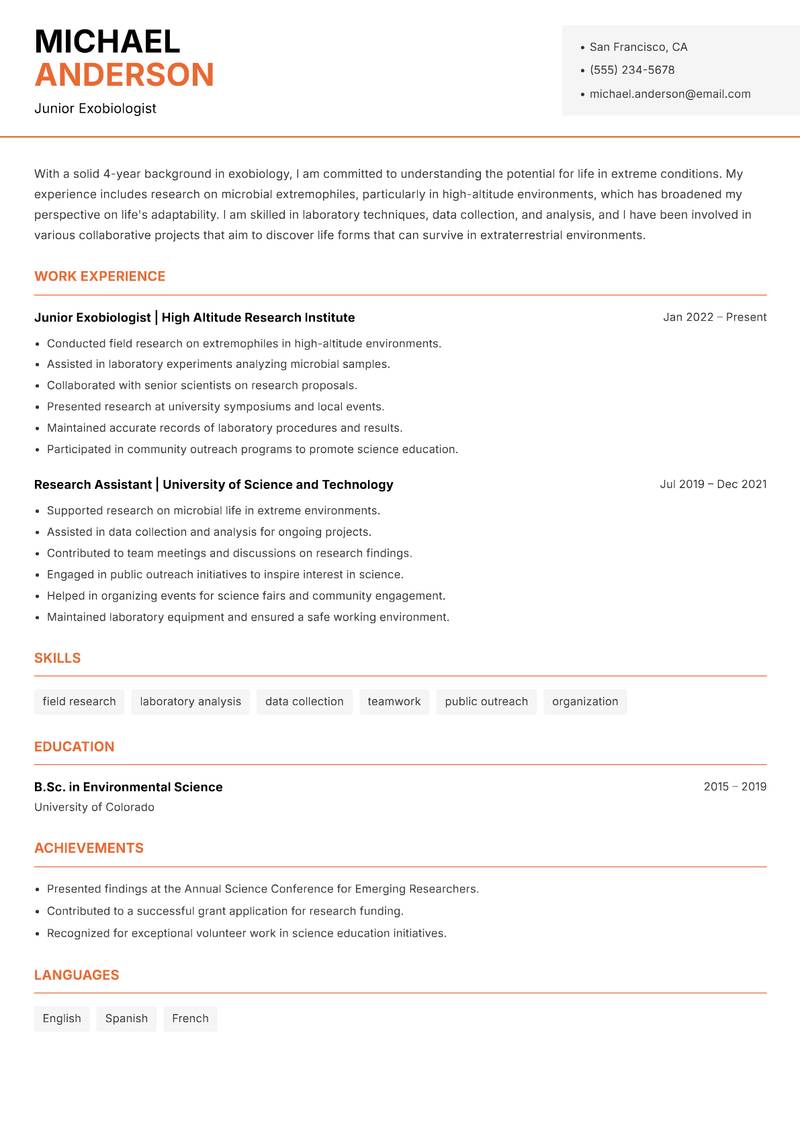 Exobiologist resume template — Modern Professional
