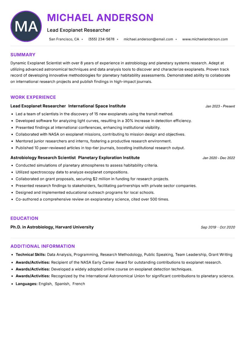 Exoplanet Scientist resume example — ATS-friendly template