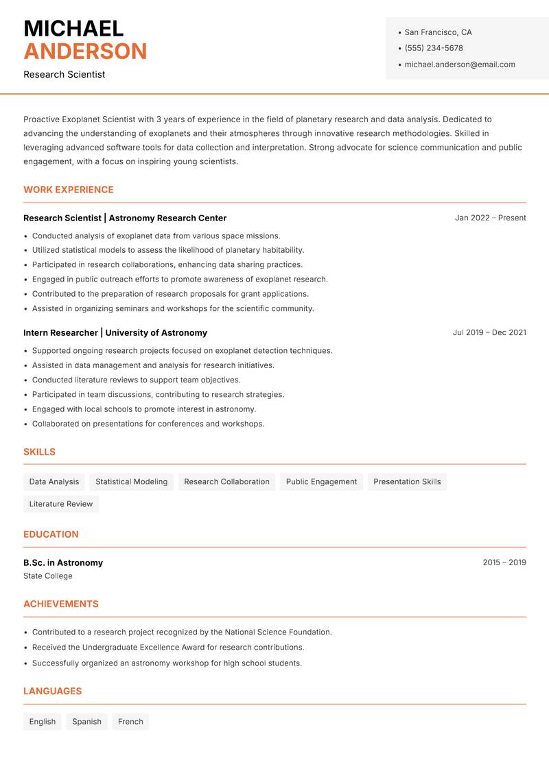 Exoplanet Scientist resume template — Modern Professional