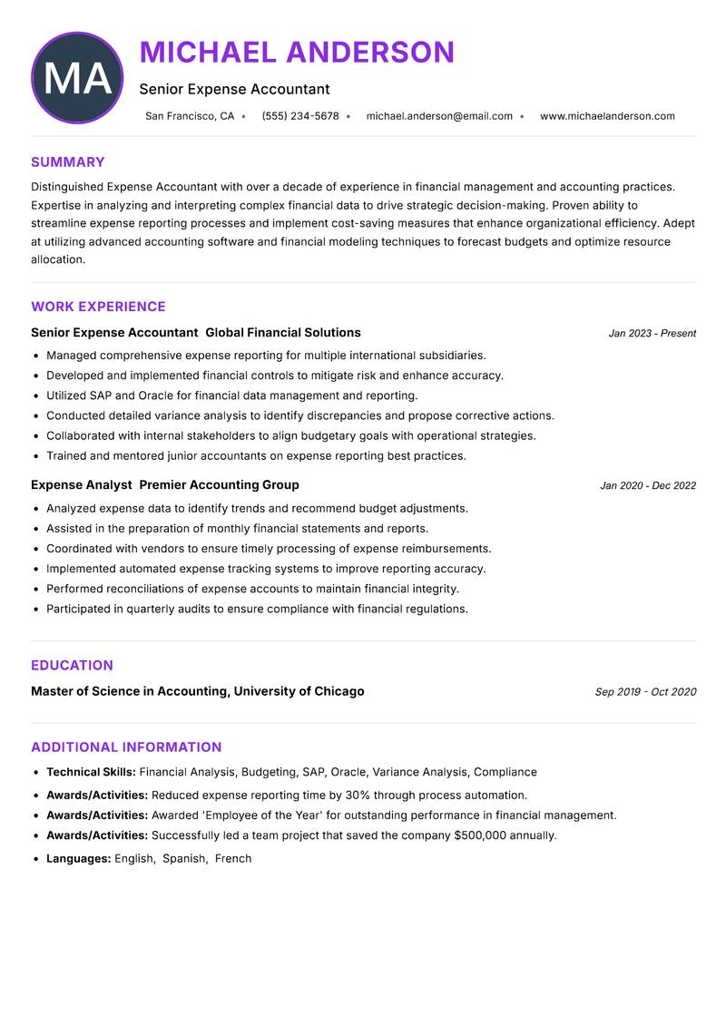 Expense Accountant resume example — ATS-friendly template
