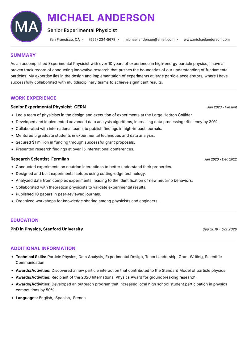 Experimental Physicist resume example — ATS-friendly template