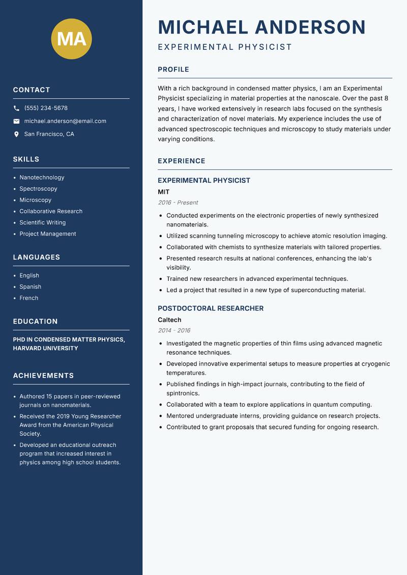 Experimental Physicist resume template — Classic Clean