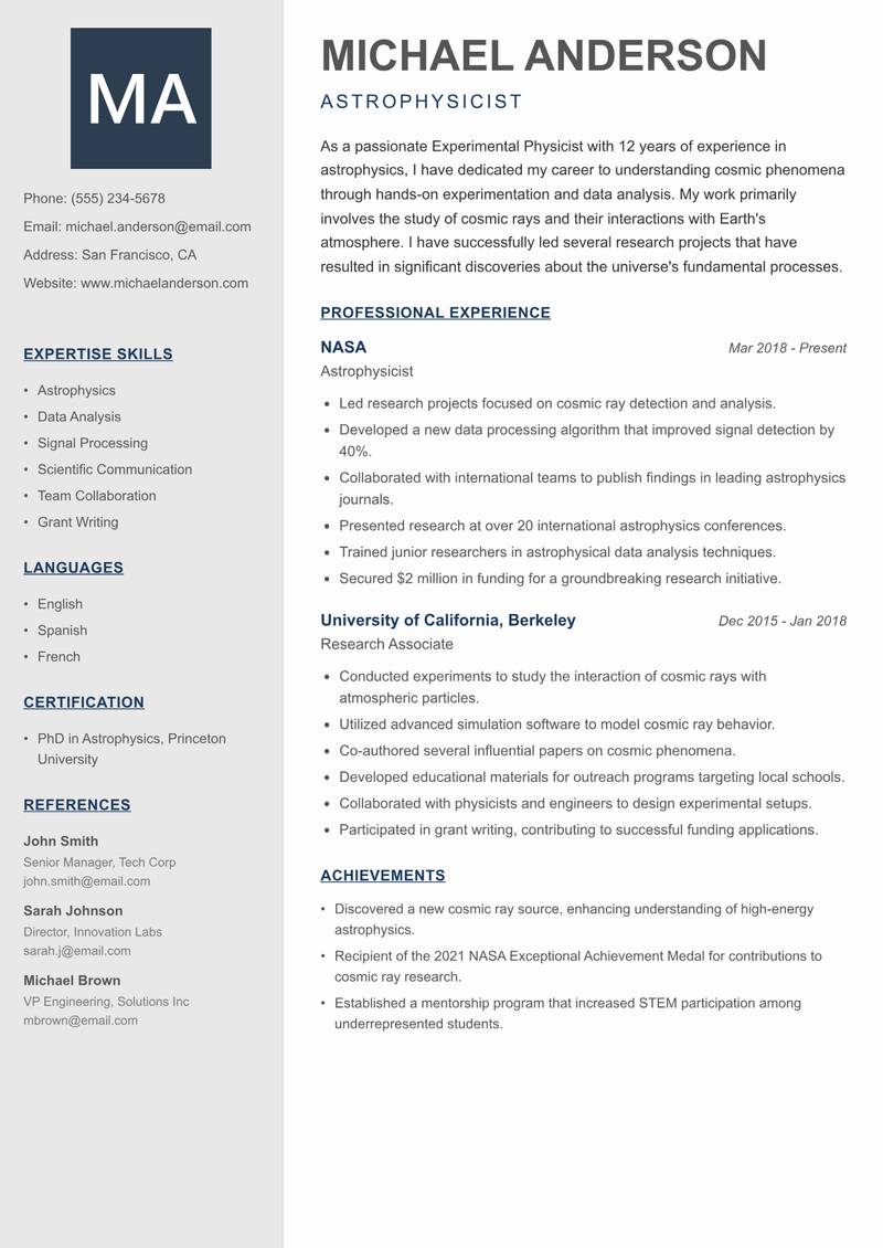 Experimental Physicist resume template — Creative Minimal