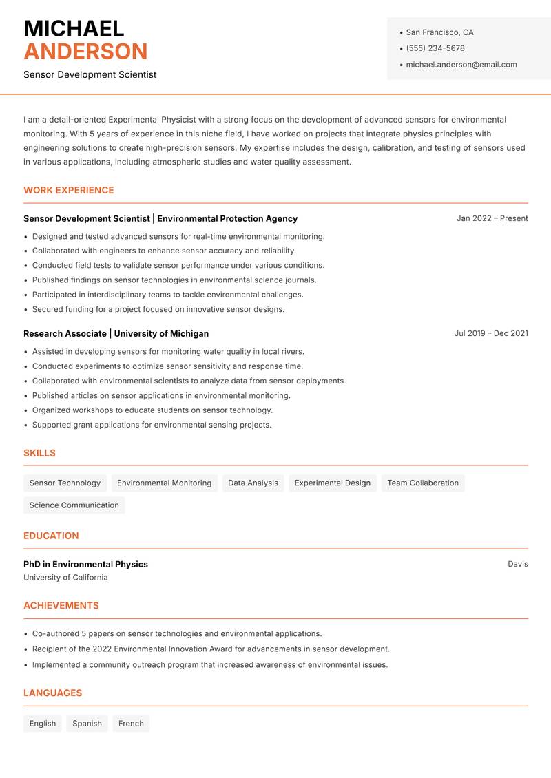 Experimental Physicist resume template — Modern Professional