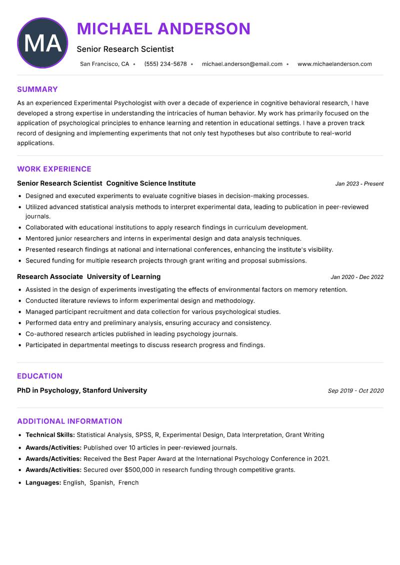 Experimental Psychologist resume example — ATS-friendly template
