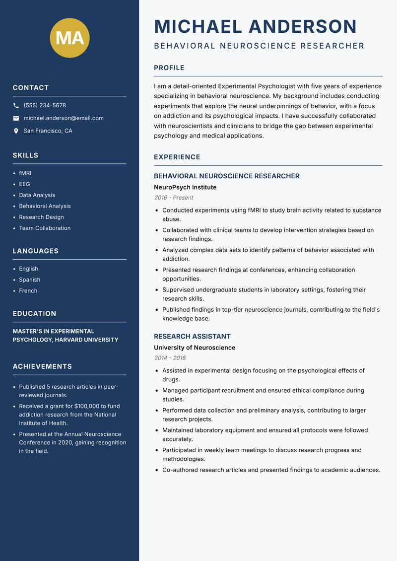Experimental Psychologist resume template — Classic Clean
