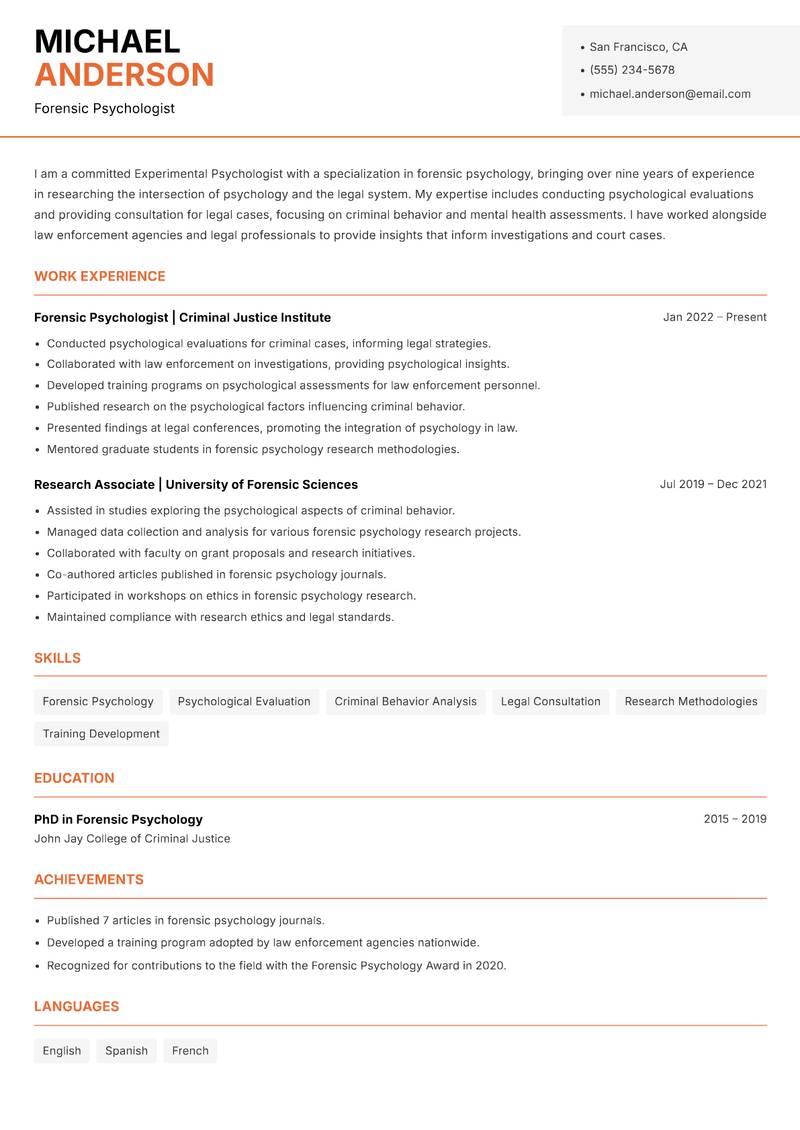 Experimental Psychologist resume template — Modern Professional