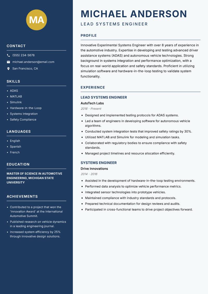 Experimental Systems Engineer resume template — Classic Clean
