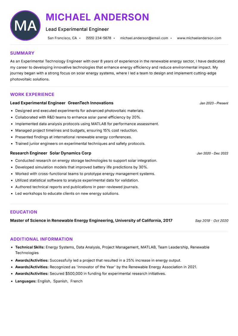 Experimental Technology Engineer resume example — ATS-friendly template