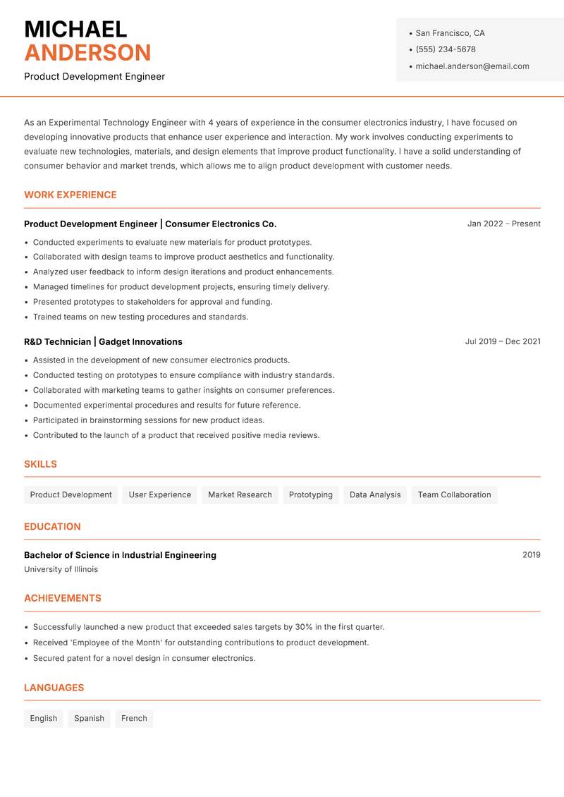 Experimental Technology Engineer resume template — Modern Professional