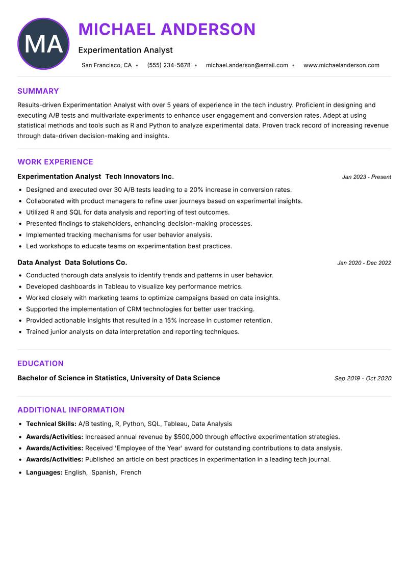 Experimentation Analyst resume example — ATS-friendly template