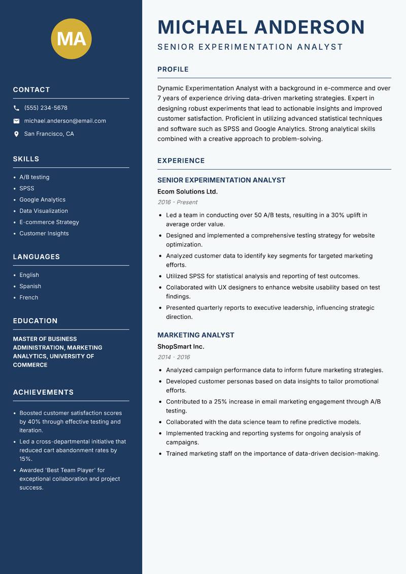 Experimentation Analyst resume template — Classic Clean