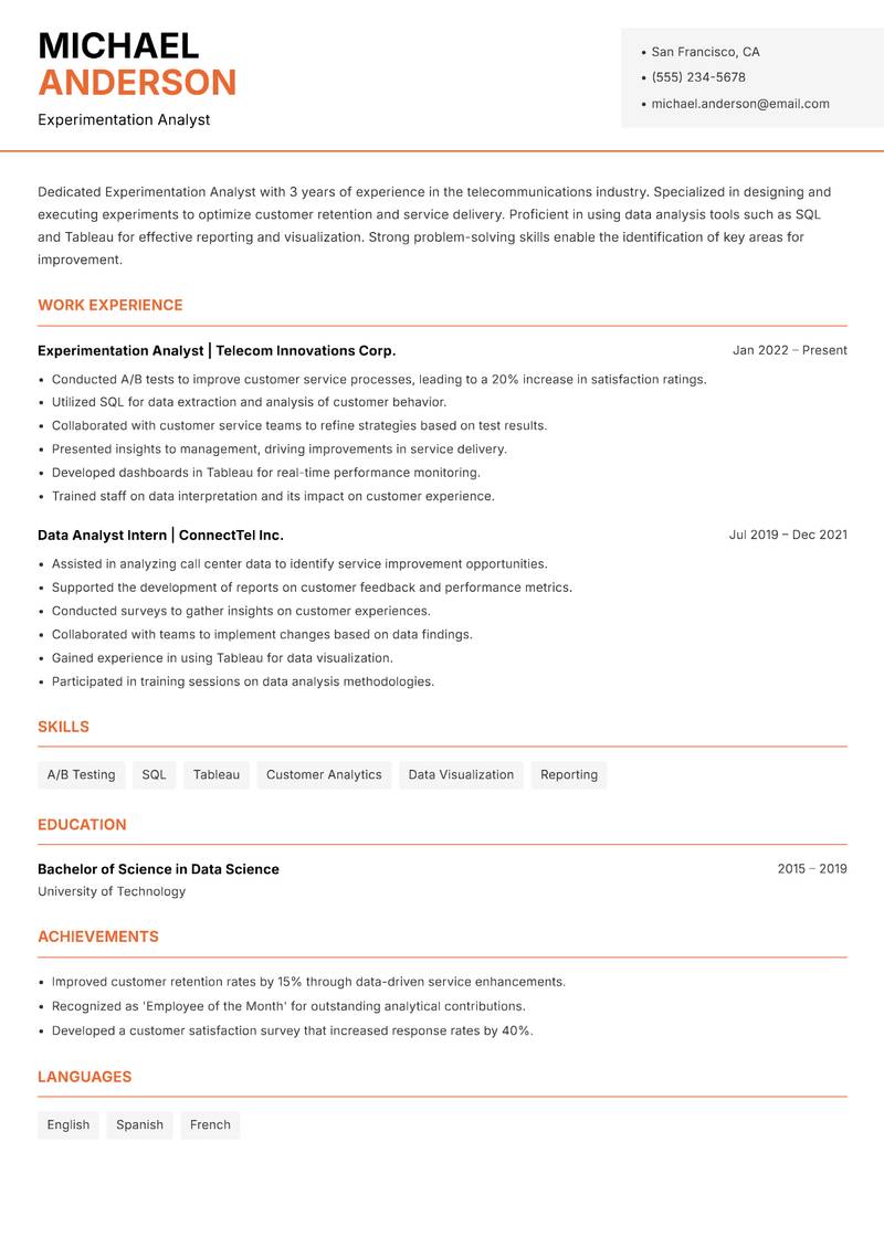 Experimentation Analyst resume template — Modern Professional