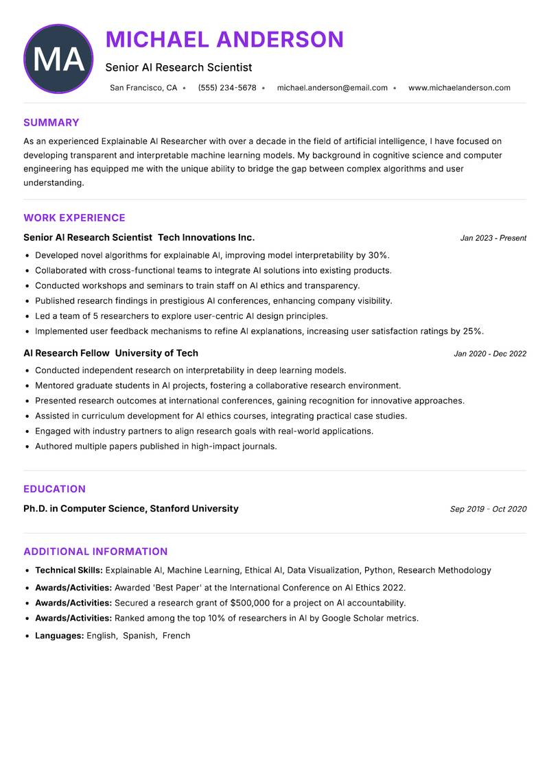 Explainable AI Researcher resume example — ATS-friendly template